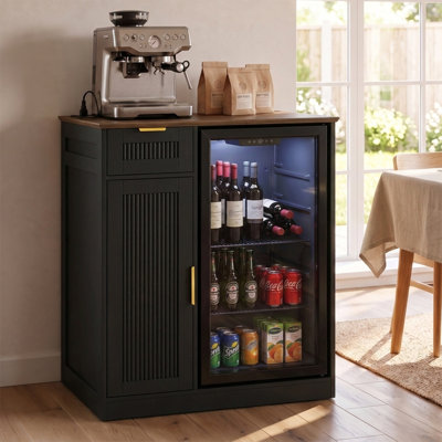 Meuble de mini-réfrigérateur de 84 cm de large avec prise électrique, buffet cannelé avec tiroirs, noir