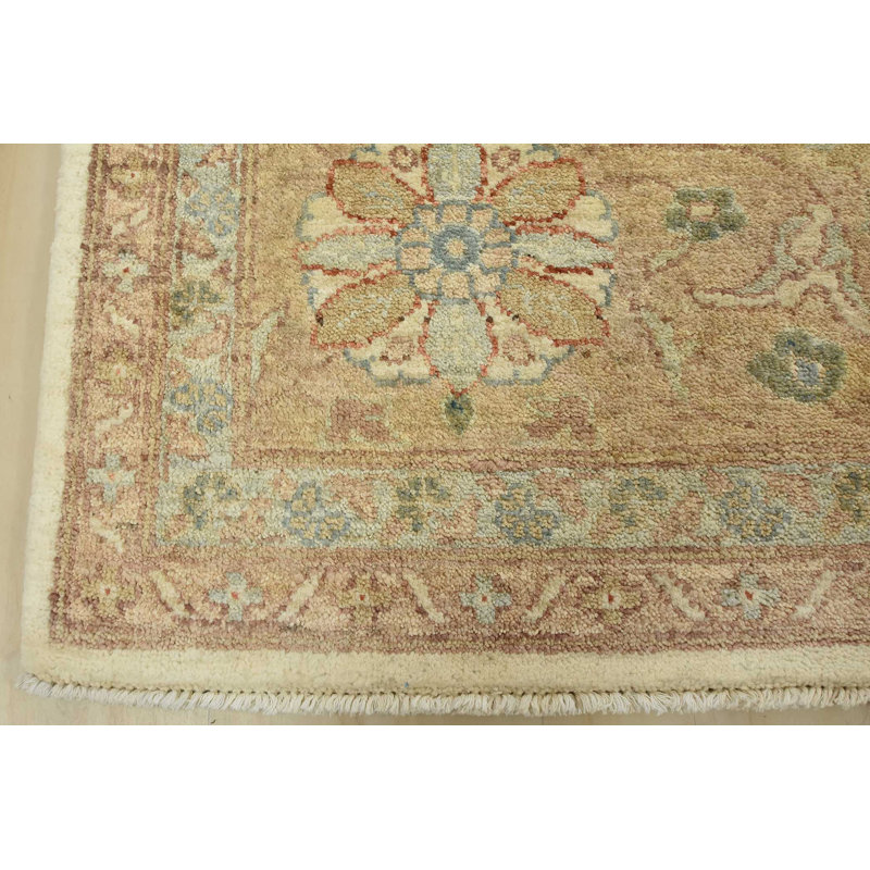 Tapis beige en laine noué à la main de conception unique 9 pi 3 po x 12 pi 4 po
