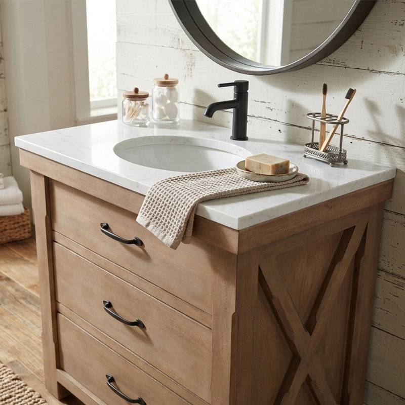 30 po Meuble-lavabo simple de style campagnard en bois naturel avec plateau en marbre blanc assemblé, 30" W