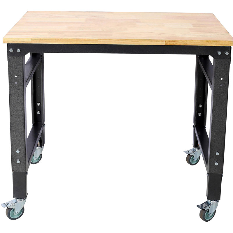 Établi - Établi mobile de 35 po de largeur, pour le garage - à hauteur réglable, banc d'outils d'atelier, bureau en bois d'hévéa