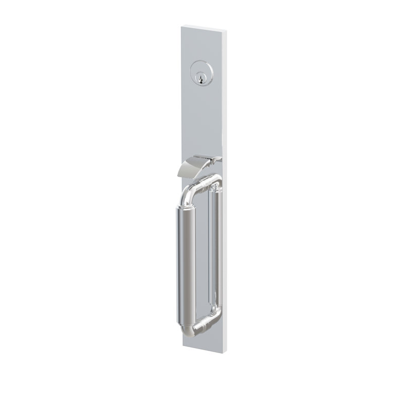 Poignée factice Emtek SELECT, à mortaise pleine longueur, tige extérieure en forme de R, poignée lisse ; levier intérieur Hermès, chrome poli, pour droitier
