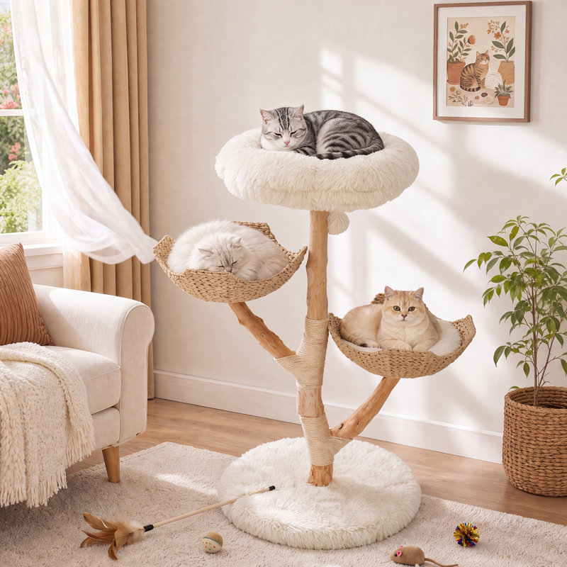 Tour à chat en bois naturel avec paniers tissés à la main et grattoir, arbre à chat mignon pour chats d'intérieur, blanc