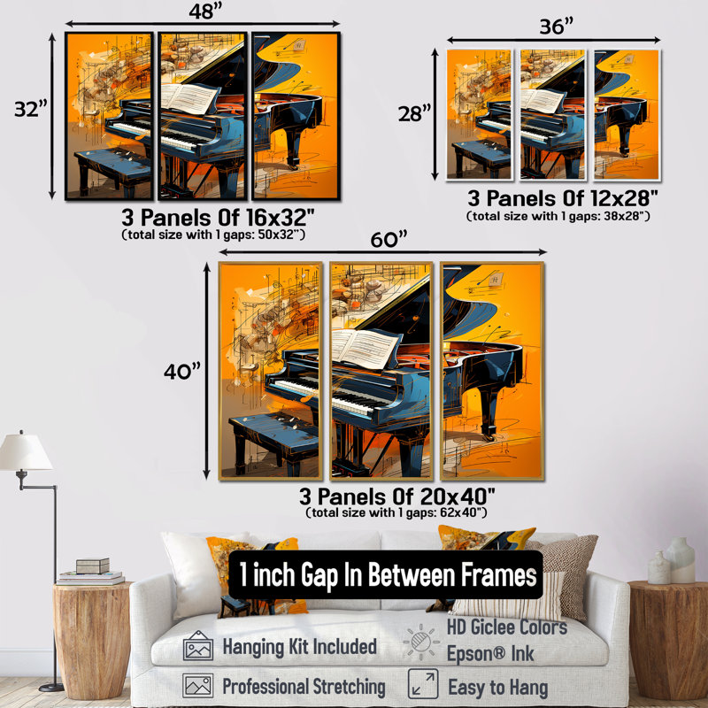 Black Piano Retro Collage Musical Score - Piano Wall Art Decor Set, H 28 po x l 36 po x P 1 po, Encadrement argenté