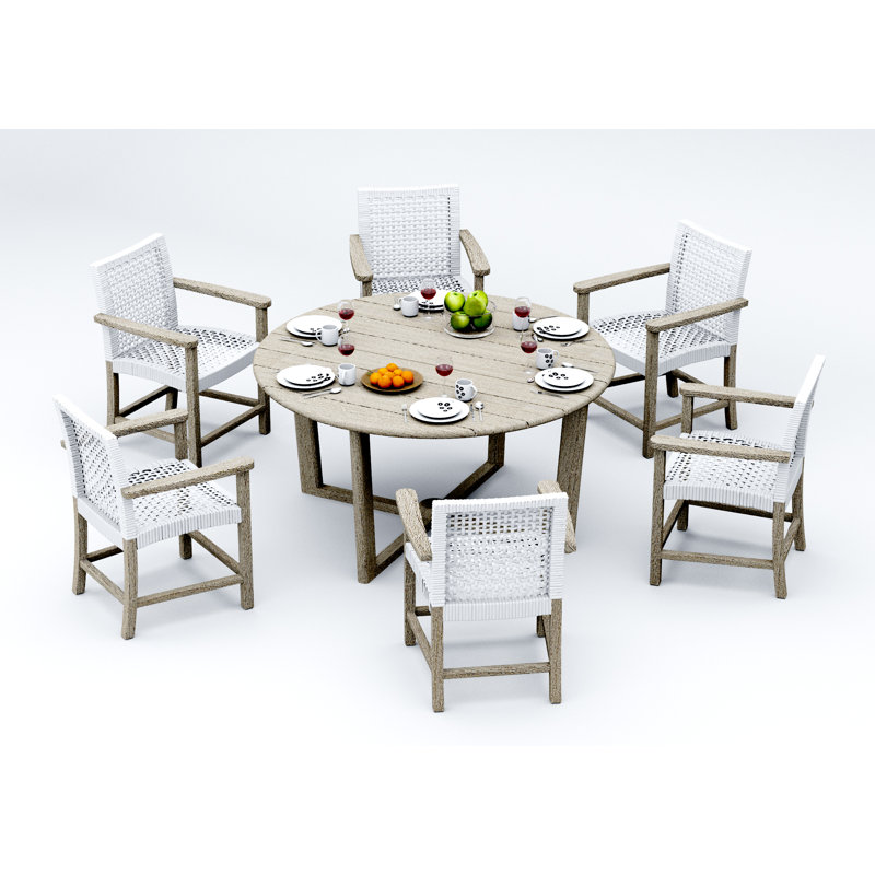 6 Seats 7 Pcs Grade-A Weathered Teak Wood Dining Set: 60" Sema Round Table And 6 Alsoi Arm Chairs #11AI3506, 6