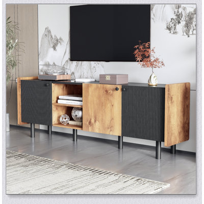 Meuble télé Mid-Century avec 3 armoires, console multimédia pour téléviseur de 70 po ou moins, centre de divertissement avec rangement pour le salon, la chambre à coucher et le cinéma maison
