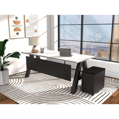 Serenity Modern A-Frame Executive Writing Office Desk, with Modesty and Cushion Top Mobile Storage, 72x30, White Top