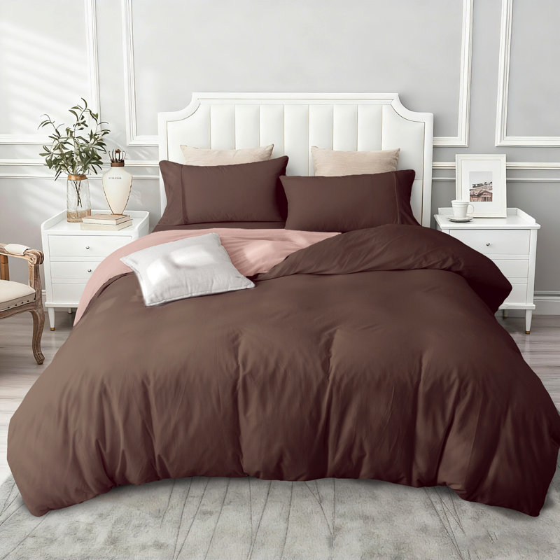 Ensemble en jersey de coton, Housse de couette pour grand lit et 2 taies décor,  Rose chocolat