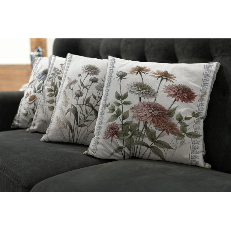 Ambesonne Vintage Botanical Throw Pillow Cover Set of 4 Nostalgic Flowers, 16"H x 16"W