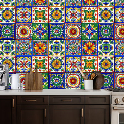 Peel and Stick Wallpaper Mexican talavera ceramic tile seamless Ethnic folk ornament Italian Contact Paper Removable Self Adhesive Wall Mural Wall Decor for Bedroom Kitchen Cabinets 24in x 118in