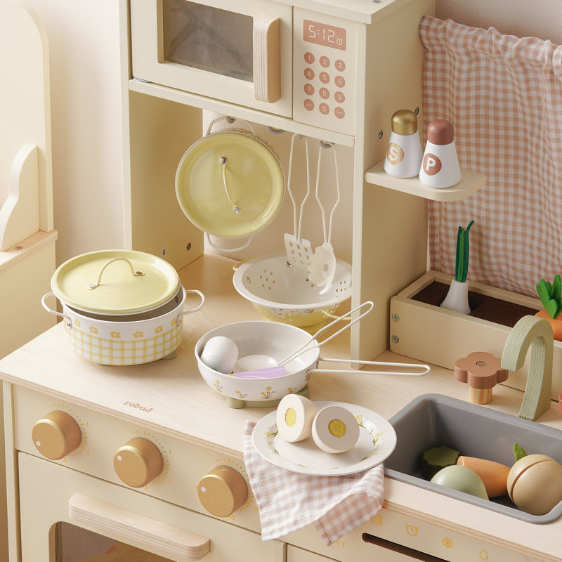 Pretend Play Kitchen Accessories Set with Metal Cookware, Cooking Utensils & Storage Bag, Yellow