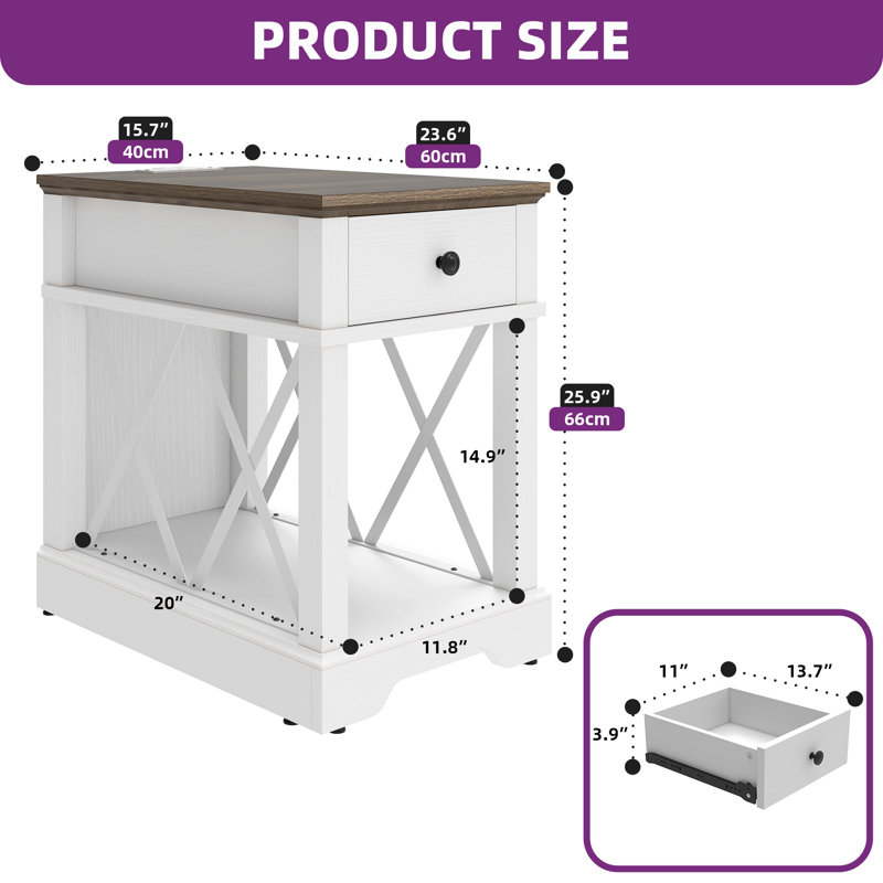 25.9''H Farmhouse End Table With Power Outlets, White/Brown