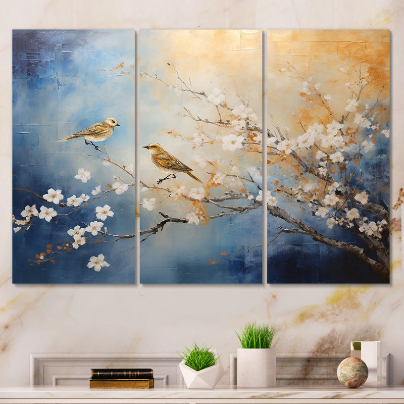 Oiseaux dorés et bleus sur un arbre floral - Art mural oiseau, H 28 po x l 36 po x P 1 po