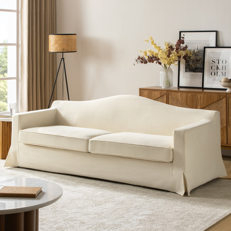 Wimberly Transitional 83" Curved Back Slipcovered Sofa With Toss Pillows, Linen