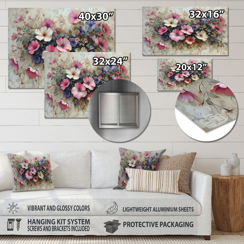 Rose et blanc pétunia floral fusion - art mural pétunias, Métal métal, H 12 po x l 20 po x P 1 po