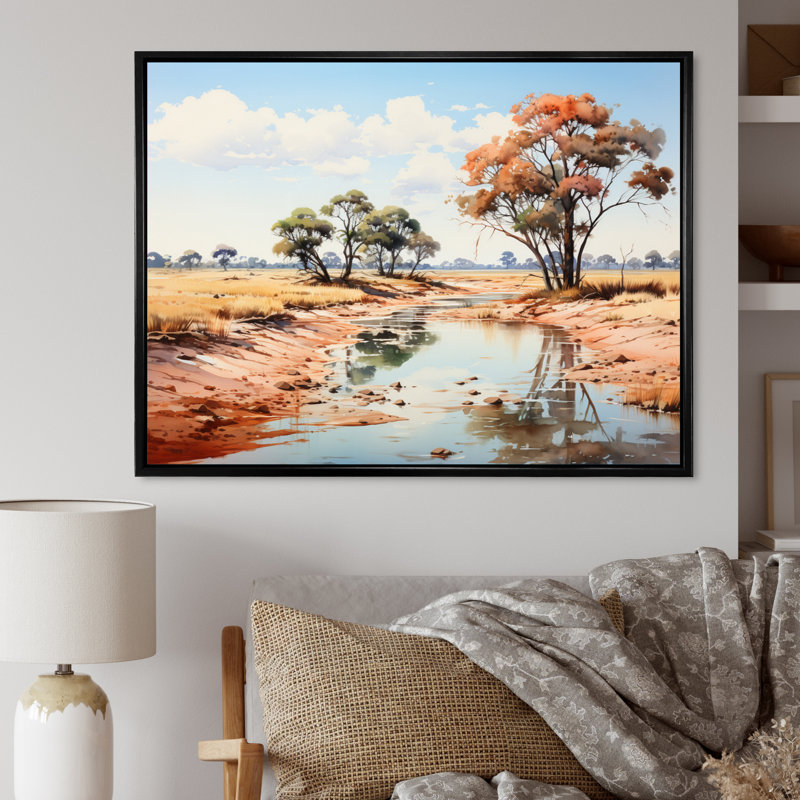Paysage africain beige et vert sur toile, H 30 po x l 40 po x P 1,5 po, Cadre flottant noir