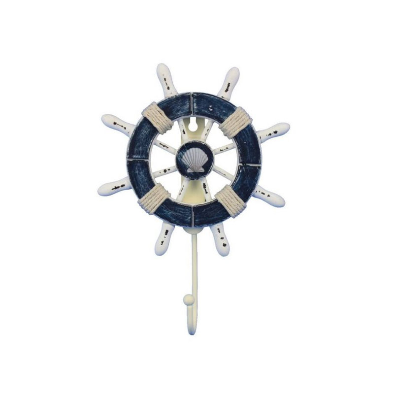 Roue d’expédition décorative 8" avec décoration murale coquillage et crochet, Bleu foncé