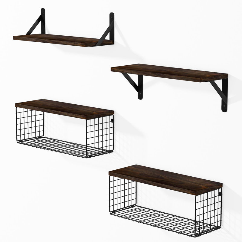 Rustic Wall Shelf Set With 2 Metal Baskets - Versatile 4-Tier Storage For Any Room, Walnut