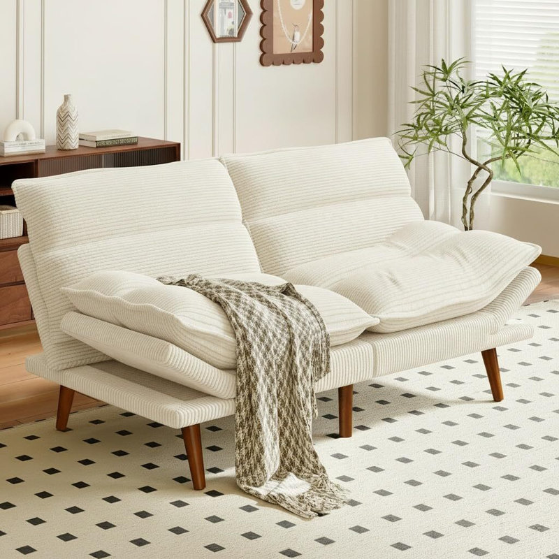 Convertible Futon Sofa Bed With Adjustable Backrest & Armrests, Thickened Seat Cushion, White
