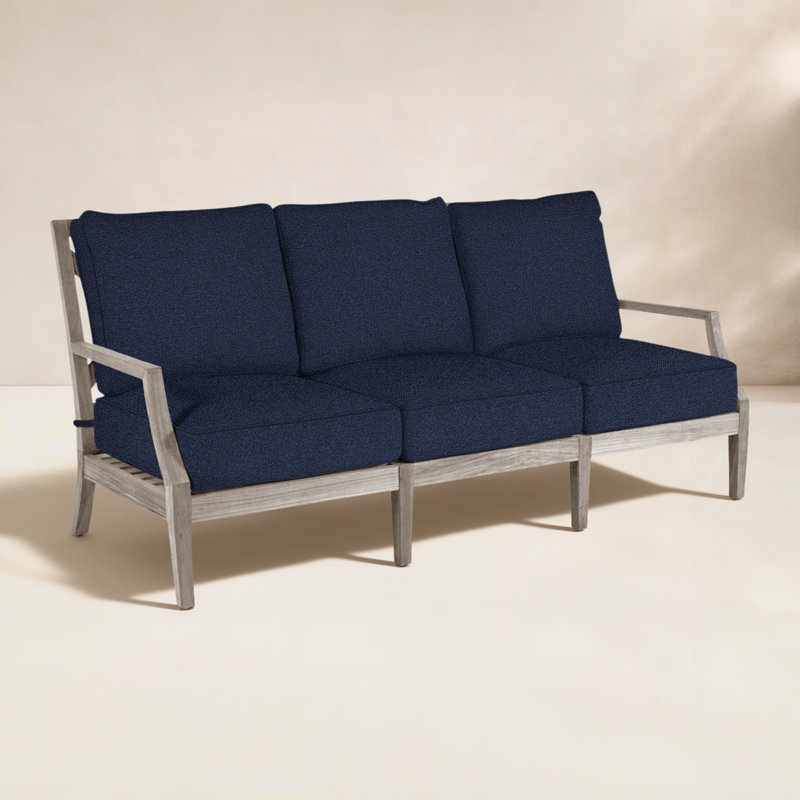 Haley Teak Patio Sofa with Cushions, Intermix Indigo, Oyster Teak, Welt + Standard fill