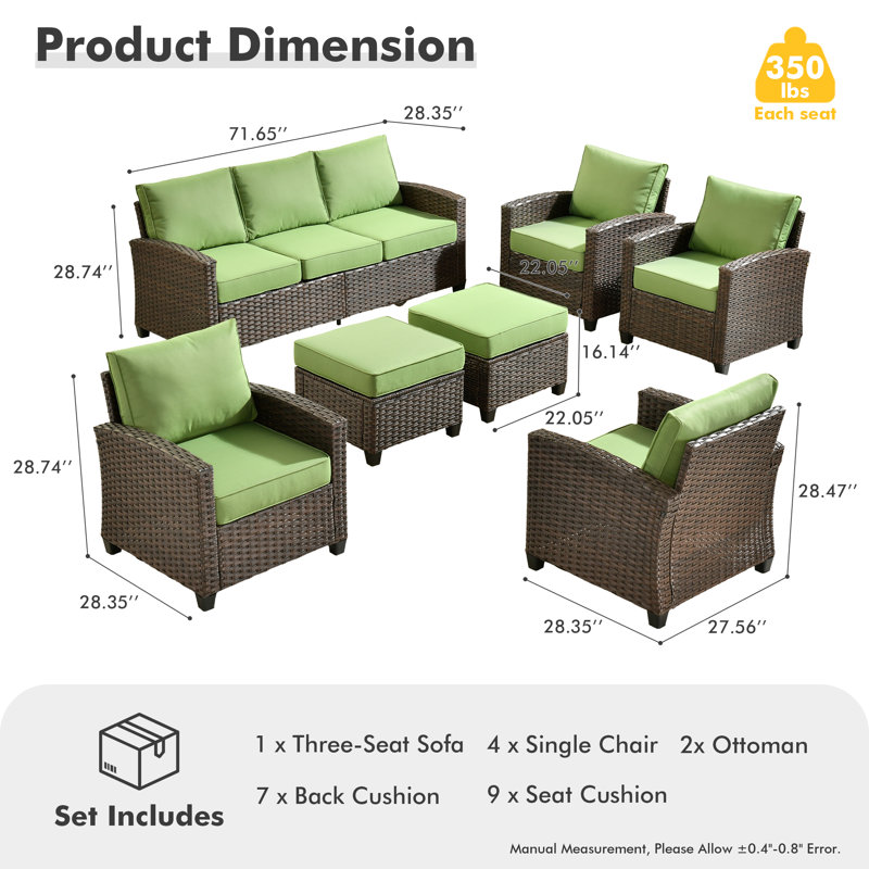Lou 7 - Person Outdoor Conversation Set, Wicker Patio Sofa & Chair Set with Cushions, Green, No