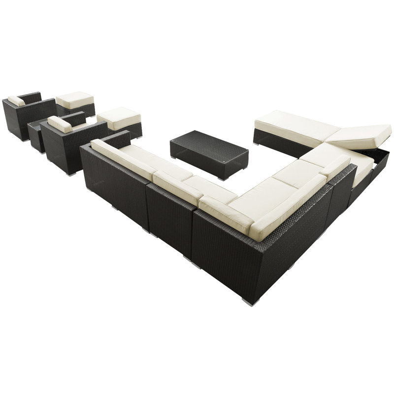 Modway Fusion Outdoor Wicker Patio 12 Piece Sectional Sofa Set, White, Espresso