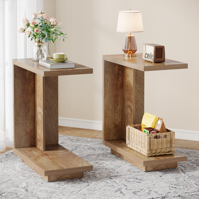 C-shaped Side Table Set  Of 2, 2-tier Narrow End Table Wood Bedside Table Nightstand