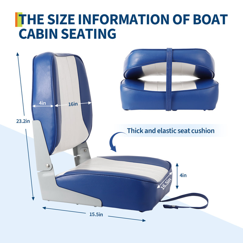 2 Pack White and Blue Color Blocking Low Back Folding Boat Seats Thick Sponge Cushion Molded Plastic Frame Weather Resistant Foldable Captain Chair for Fishing Speedboat Sightseeing Cruising