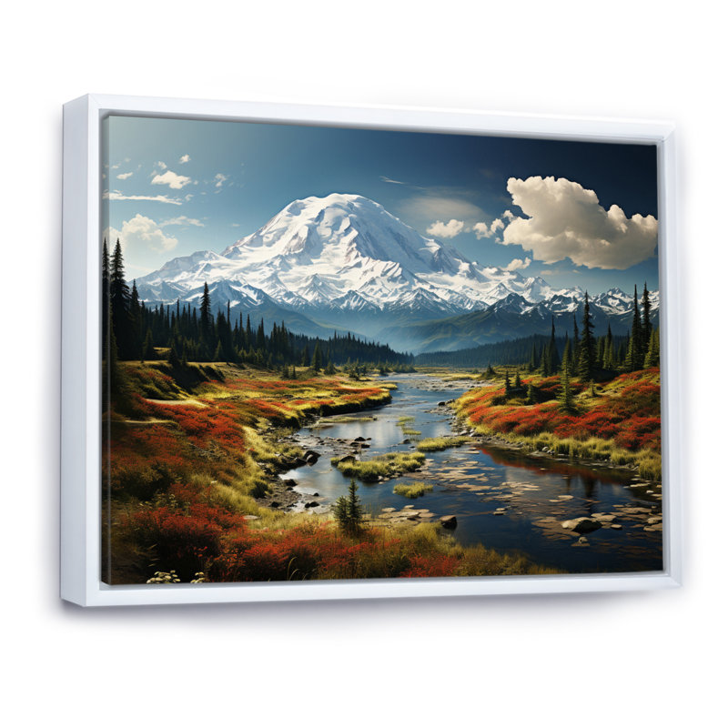 Art mural américain «Mount Rainier» - États-Unis, H 30 po x l 40 po x P 1,5 po, Cadre flottant blanc