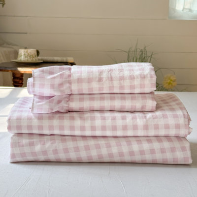 Gingham Ruffle Sheet Set, Soft Pre-Washed Microfiber Plaid Ruffled Bed Sheets, Farmhouse Sheet Set with Deep Pocket
