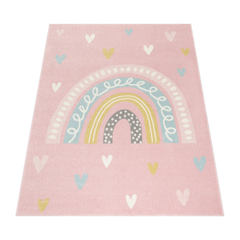 Tapis pour enfants avec arc-en-ciel et cœurs pour chambre de bébé aux couleurs pastel, Rose, Rectangle 6 pi 7 po x 9 pi 2 po