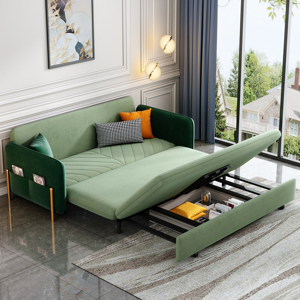 Orange Sofa Bed Velcro Fixed Arms Sleeper Loveseat w/ Coffee Table