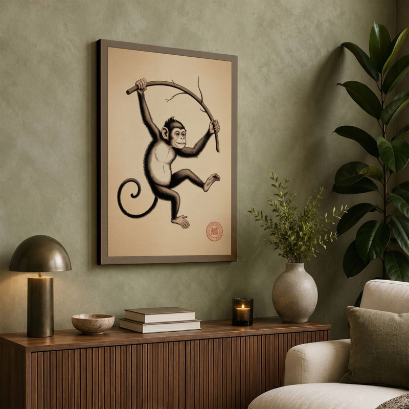Leaping Chimpanzee Japandi - Wrapped Canvas, 30x20 - 76.2 x 50.8 cm, Terracotta Border