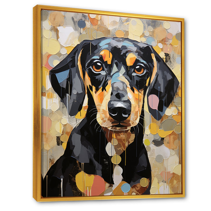Drôle de daschund sur toile, Cadre flottant doré, H 44 po x l 34 po x P 1,5 po