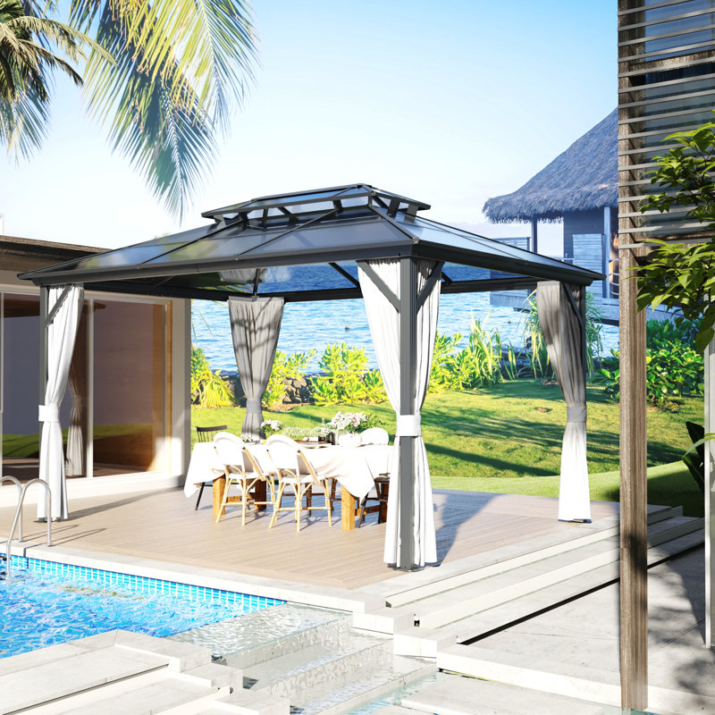 Gray 10x13ft Aluminum Hardtop Gazebo with Curtains and Netting