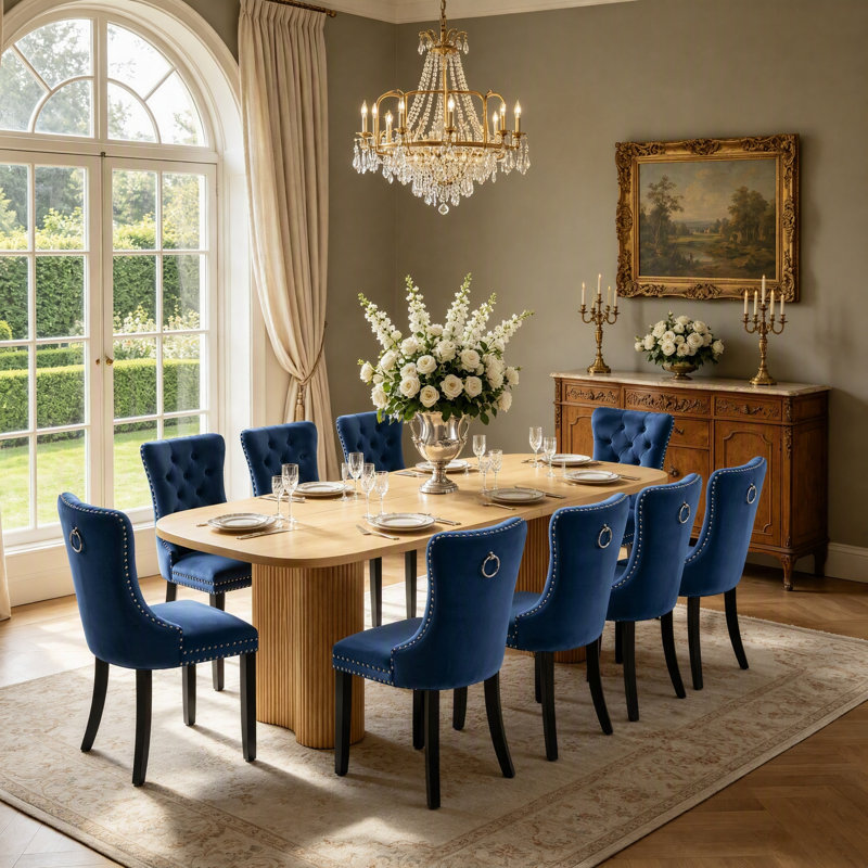 Ensemble de salle à manger ovale extensible 11 pièces pour 10 personnes, table de cuisine de style campagnard de 63" à 95" avec base incurvée cannelée et 10 chaises capitonnées en velours