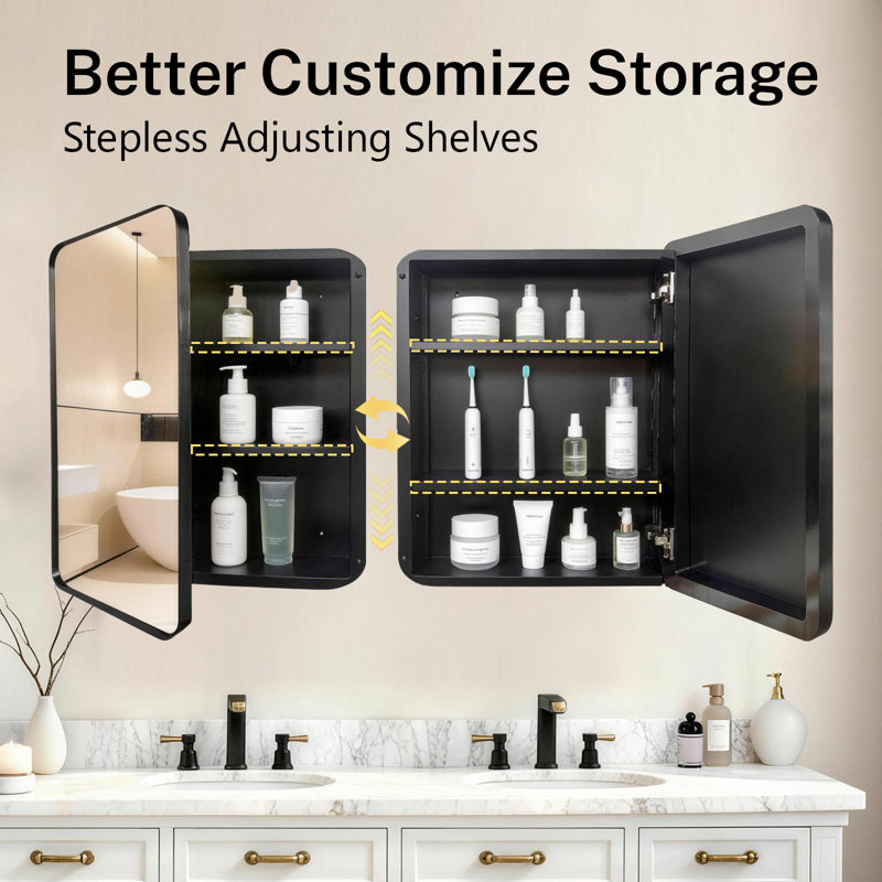 24x24 inches Metal Frame Medicine Cabinet with Mirror and Adjustable Shelves, Recessed or Surface Mounted, Matte Black