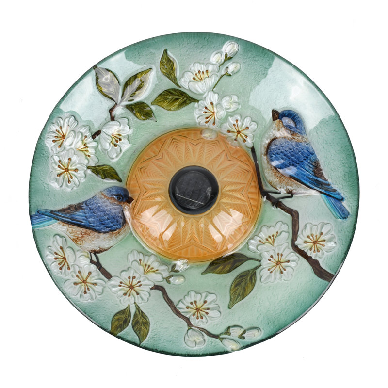 Solar LED Floral Glass Bird Bath with Metal Stand