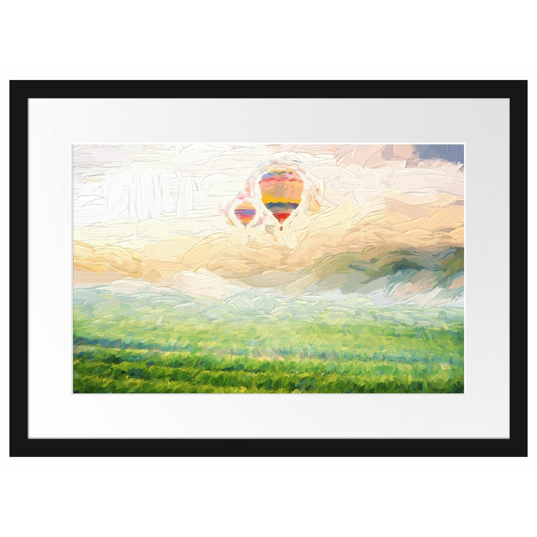 Gerahmtes Papierbild Heißluftballon Landschaft