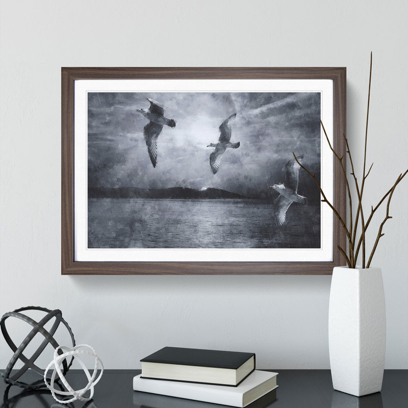 Three Seagulls - Picture Frame Graphic Art, Walnut, 48cm H x 65cm W x 2cm D