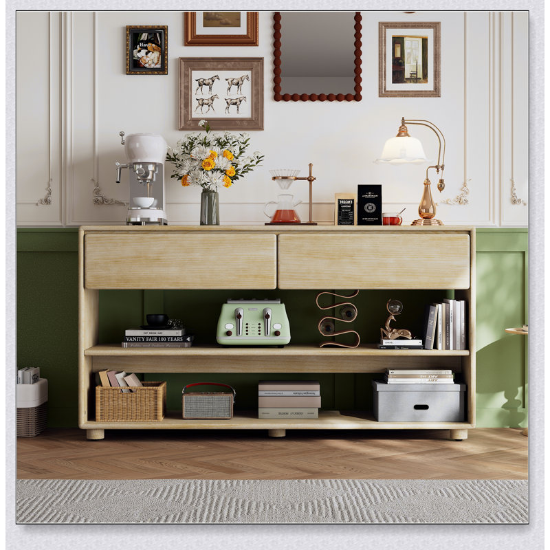 Console de vestibule rétro avec tiroirs et tablettes, bois naturel délavé pour un rangement et une présentation élégants