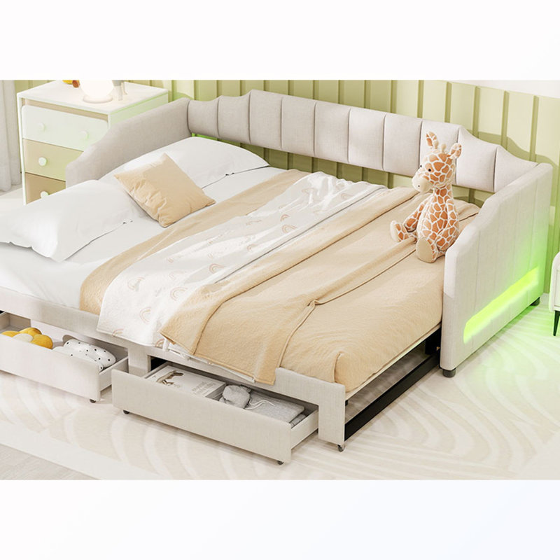 Twin XL Size Extendable Upholstered Daybed with Drawers and LED Light, Beige