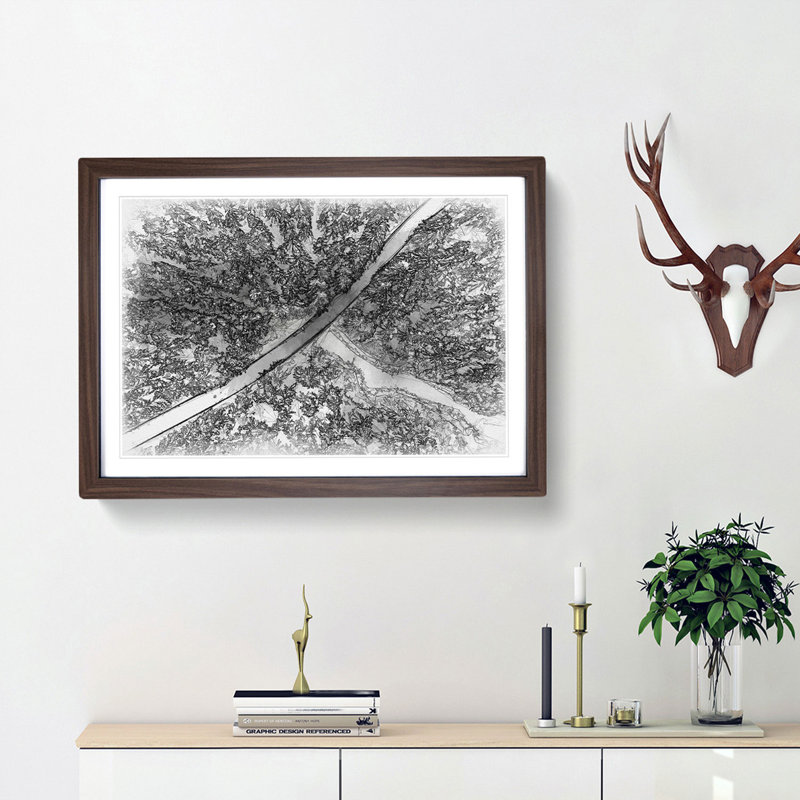 Road Through the Winter Forest Sketch - Picture Frame Graphic Art Print, Walnut Framed, 62cm H x 87cm W x 2cm D