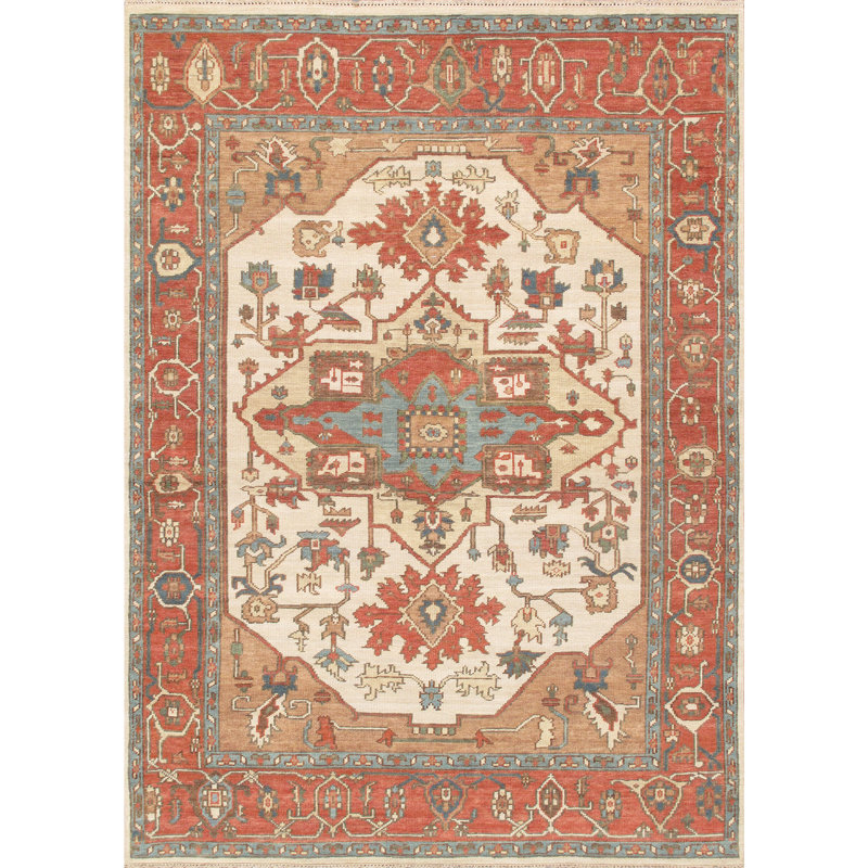 Tapis oriental en laine noué à la main Serapi en ivoire / orange / gris / bleu, Rectangle 7 pi 9 po x 10 pi