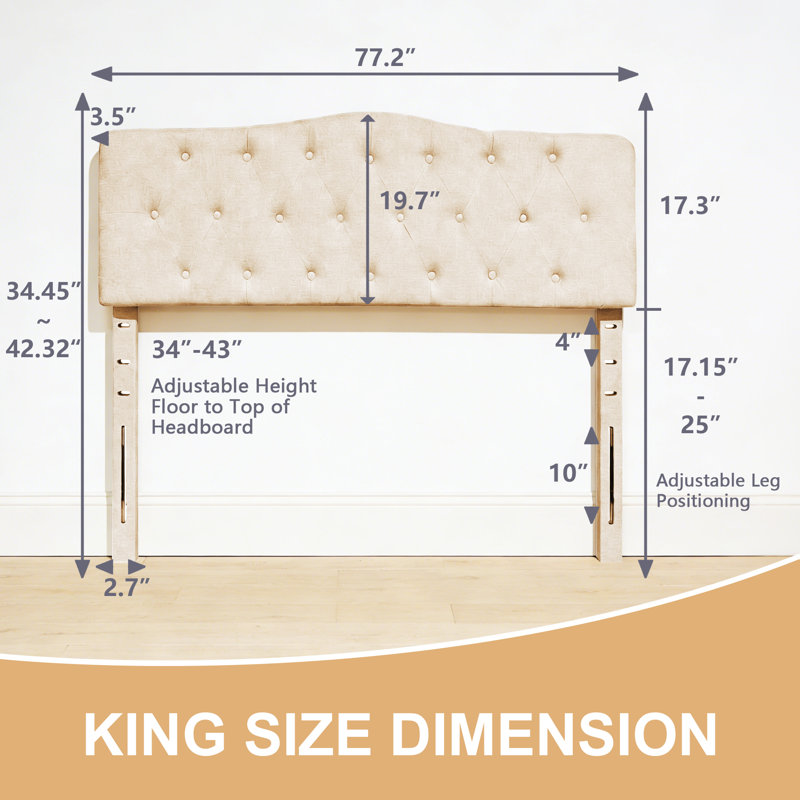 Linen Upholstered Headboard-Modern-Adjustable Height-Button Tufting, King, Beige