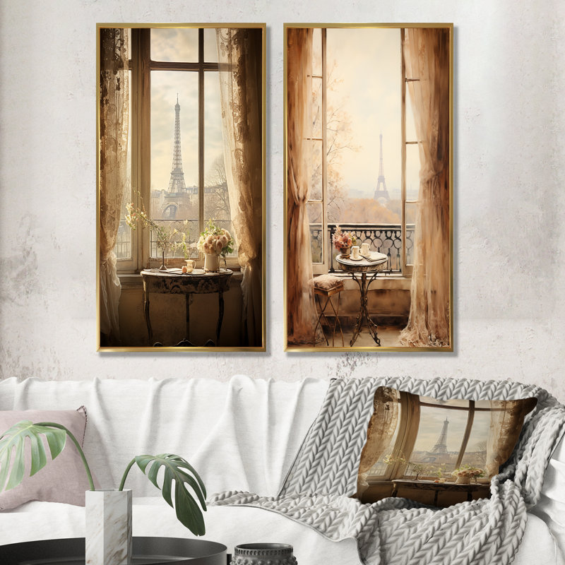 «Rustic Eiffel Tower Paris Window View I - Paris», ensemble de 2 reproductions d'art mural, Cadre flottant doré