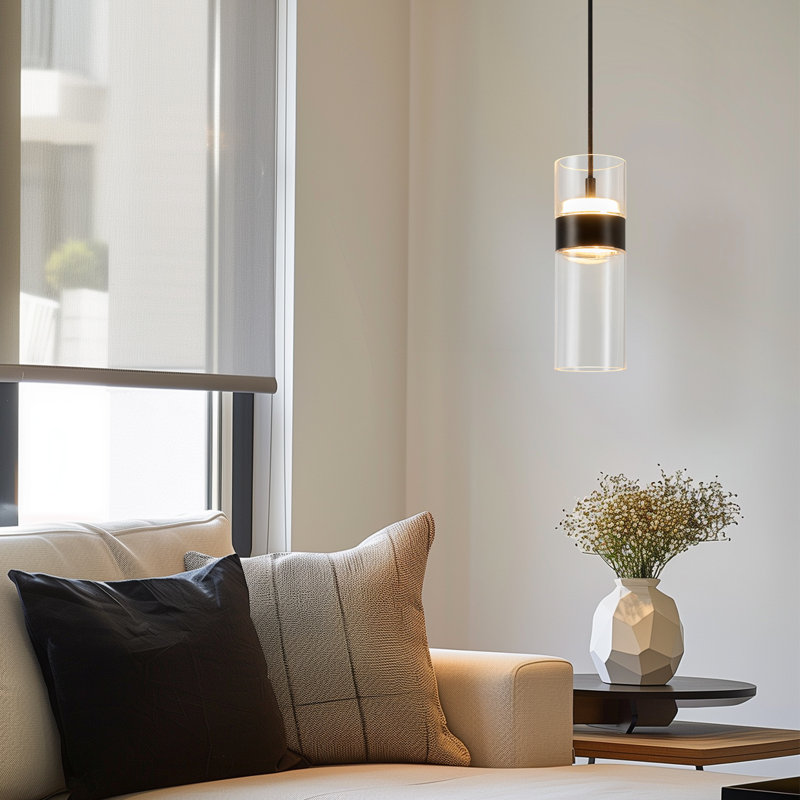 Luminaire suspendu à DEL haut / bas intégré noir mat 9 pi avec abat-jour en verre transparent Jessica