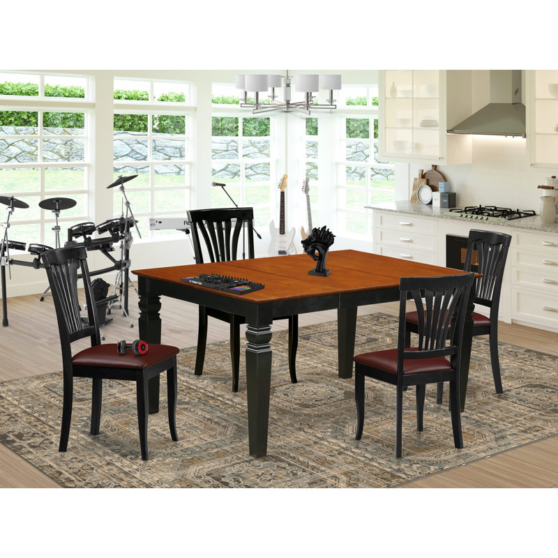 5 Piece Dinette Set Includes a Rectangle Dining Room Table with Butterfly Leaf and 4 Faux Leather Dining Chairs, Black & Cherry