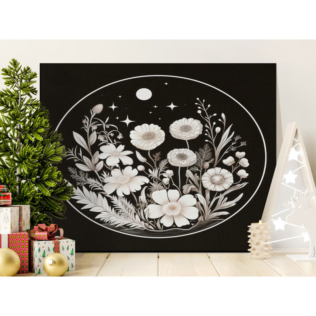 Celestial Garden Moon Stars Canvas Wall Art, Mystical Botanical Print, Dark Cottagecore Witchy Decor, Enchanted Home Gift