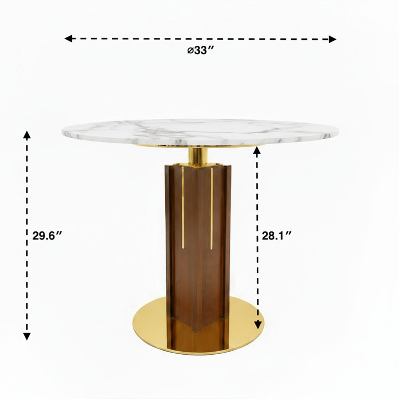 Table de salle à manger ronde 33 po de luxe avec piédestal multicouche en noyer et base en or brossé - disponible en verre, marbre blanc, plateau en marbre chaud