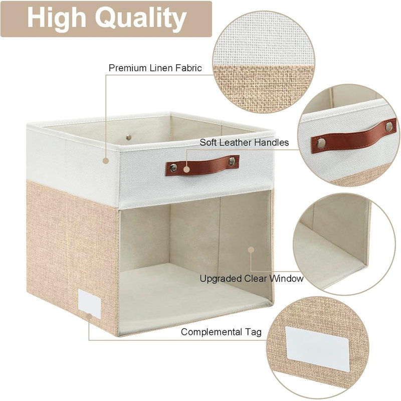 13 X 13 Inch Collapsible Storage Box With Clear Window And Handles (Pack Of 4), Beige